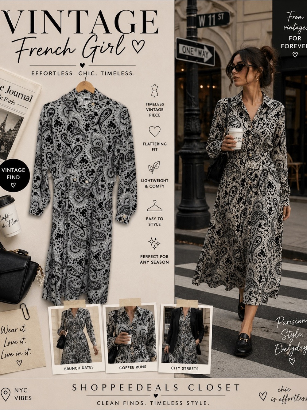 Vintage Black White Paisley Midi Dress Button Front Long Sleeve Retro